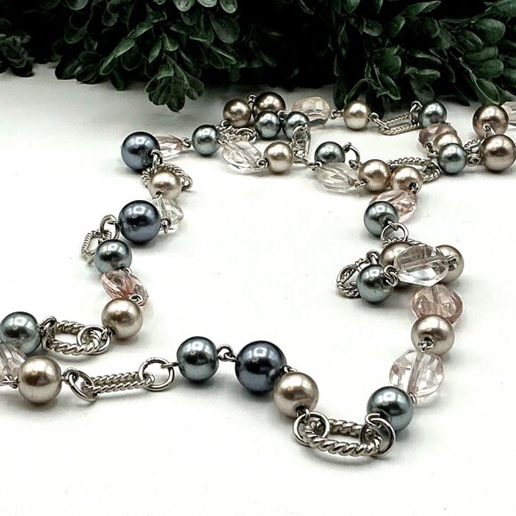 Layered Faux Pearl & Crystal Bead Necklace With Silver Chain Accents by Premier - Picture 1 of 5